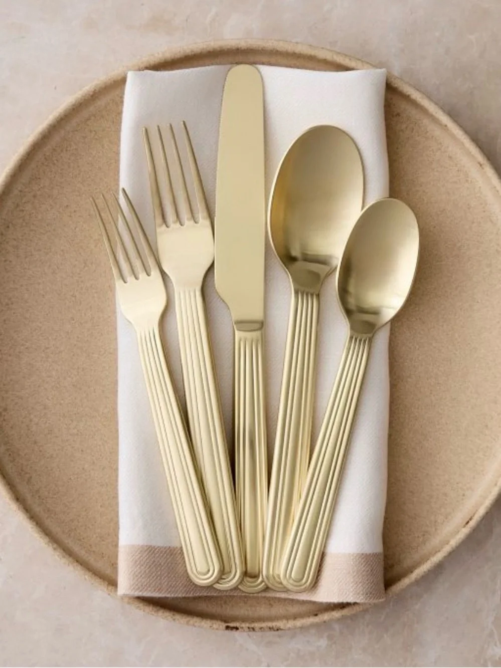 New West Elm Grooved Satin Flatware Champagne Utensils Set of 20 MSRP$196